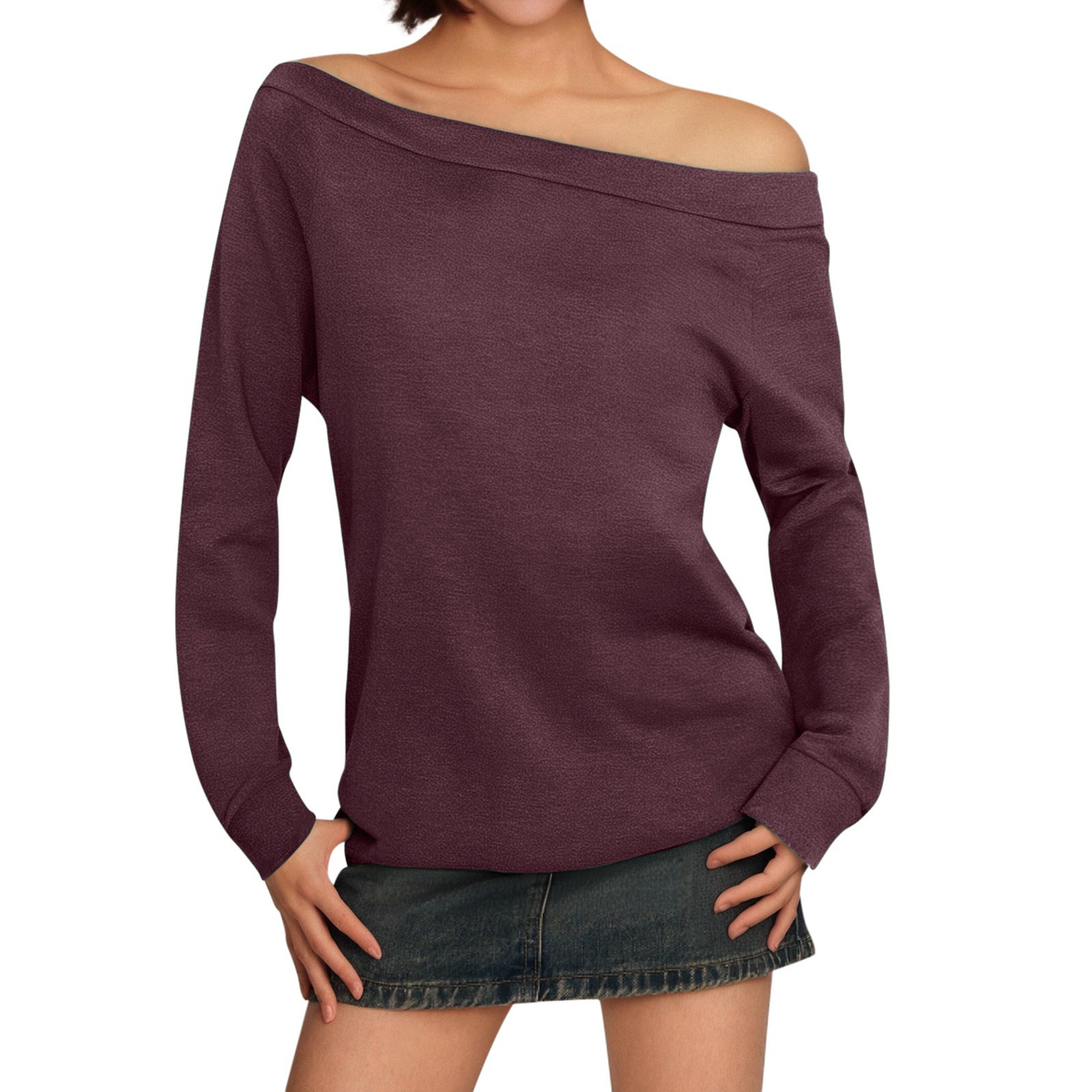 thumbnail image 1 of Blusa de manga larga con hombros descubiertos para mujer - Camiseta informal de verano de color liso, 1 of 6